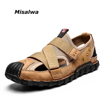

Misalwa PU Leather Fabric Casual Men Summer Shoes Toe Protect Anti-slip Men Sandals Hollow Handmade Round Toe Men Flats Big Size