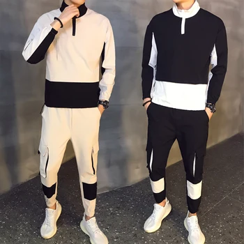 

Men Causal Splicing Contrast Sets Camo Jacket+Pants 2Pc Tracksuit Sportwear Hoodies Sweatshirt &Pant Suit Trainingspak Heren