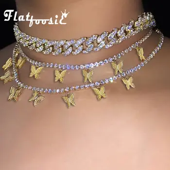 

Flatfoosie Hip Hop Iced Out Cuban Choker Necklace for Women Gold Silver Color 7 Butterfly Rhinestone Pendant Necklace Jewelry
