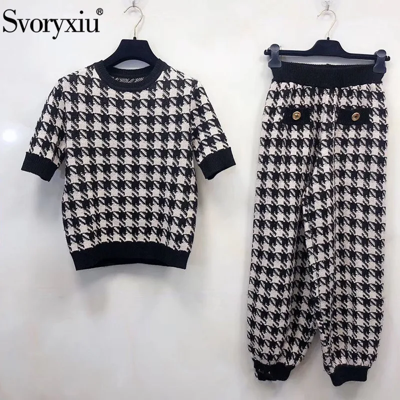 

Svoryxiu Designer Autumn High End Wool Blend Knitting Pants Suits Women's Fashion Black White Lattice Sweater Two Piece Set