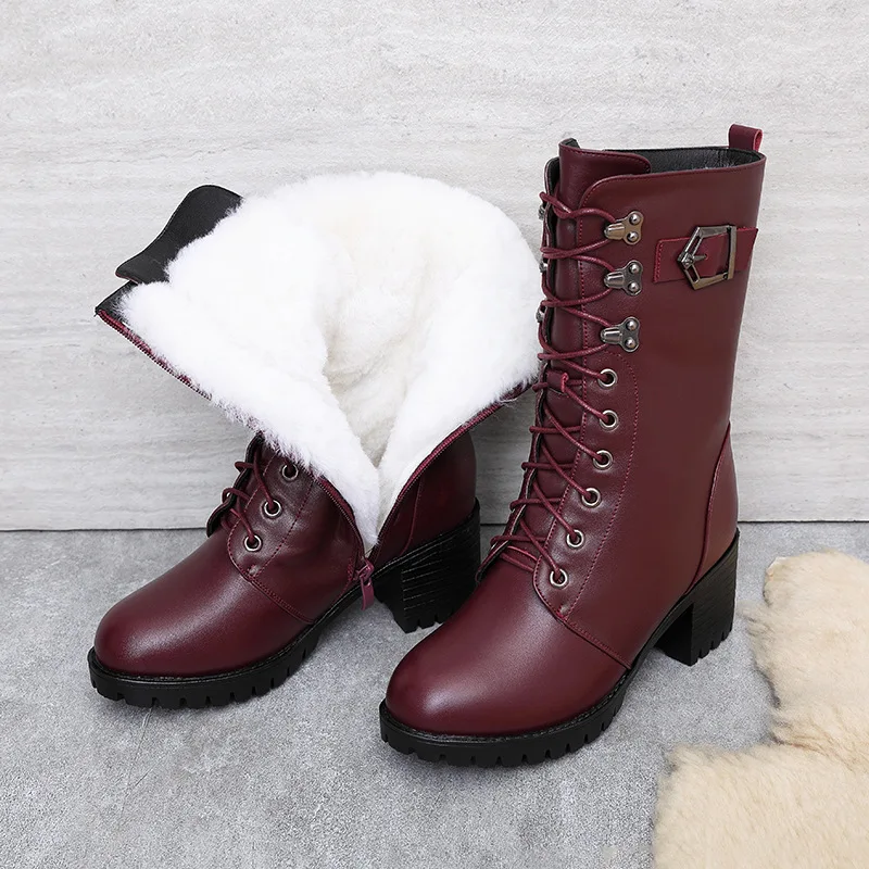 Women's leather high-heeled large size boots new wool warm nine-hole winter shoes | Обувь