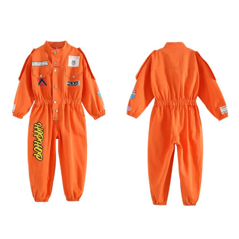 Kids Cool Short Sleeve Hip Hop Clothing orange Jumpsuit Overalls for Girls Boys Jazz Dance Costume Ballroom Dancing Clothes