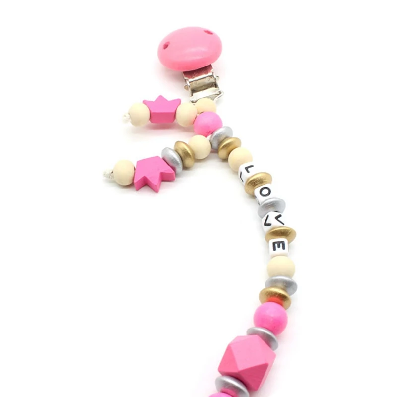 1PCS Wood Silicone Beads Baby Pacifier Clips Chain Nipple Pacifier Chain Holder Letter Charms Teether Toys Anti-Drop Chains