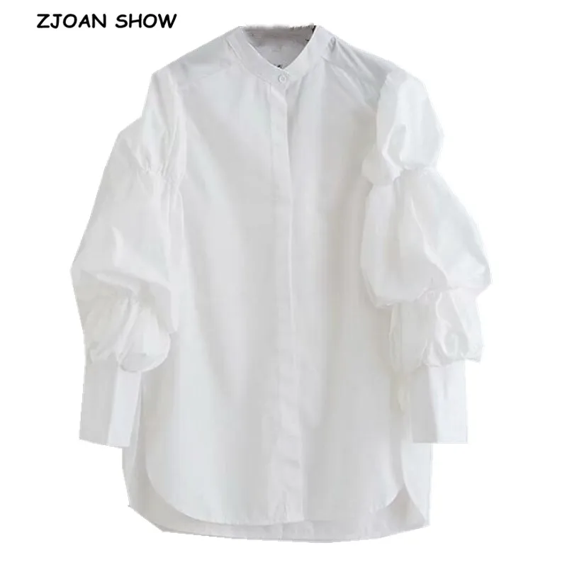 

2019 Women Single-breasted Buttons Ruched Lantern Long Sleeve White Shirt Vintage O neck OL Blouse Loose Tops