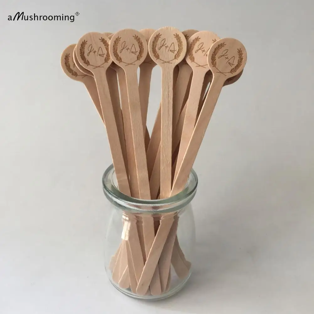100pcs Personalized Rustic Wedding Cocktail Swizzle Stirrers Drink Beverage Stir Stick with Initials Wooden Cupcake Picks