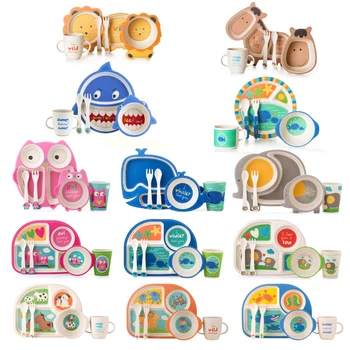 

5pcs Baby Dish Tableware Children Cartoon Feeding Dishes Kids Natural Bamboo Fiber Dinnerware With Bowl Fork Cup Spoon Plate Set
