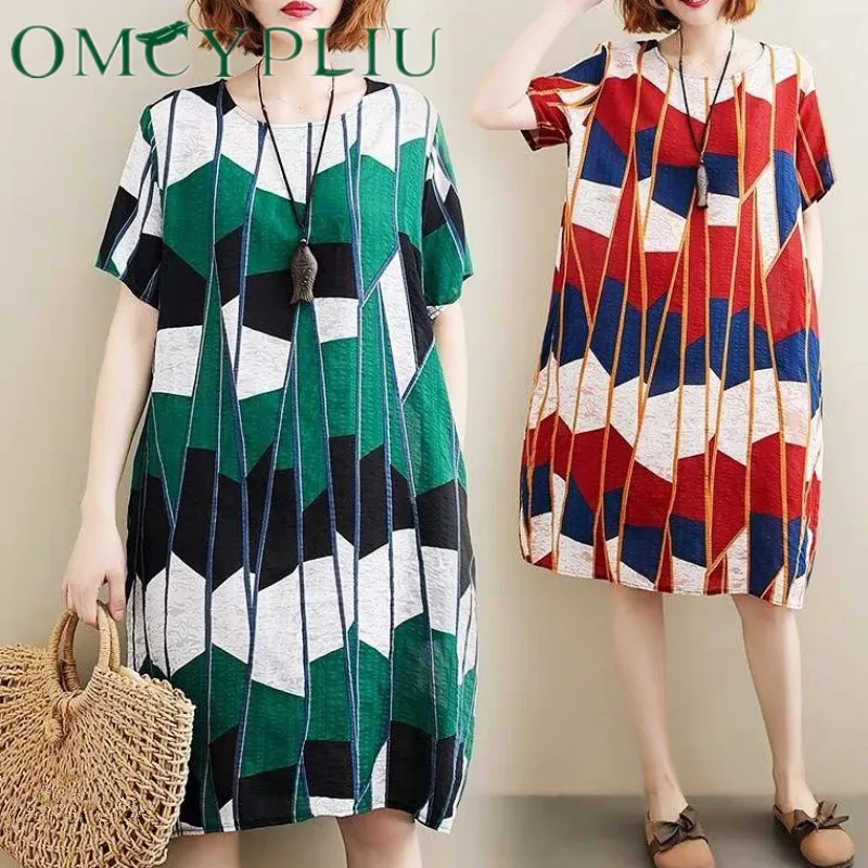 

2020 Women Summer Dress Woman Short Sleeve Plus size Ladies Loose Round Neck vestido Printing Striped Dress Female Clothes
