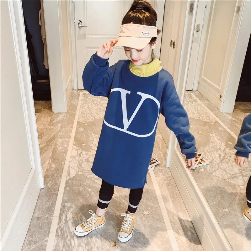 

Long Sweatshirt Dress Hoodie for Girls 12 Years Teenage Letter Knitted Collar Autumn Winter Thicken Cotton Turtleneck Outerwear