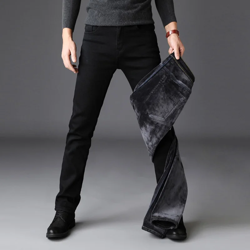 2020 NEW Men Fashion Winter Jeans Men Black Color Slim Fit Stretch Thick Velvet Pants Warm 5