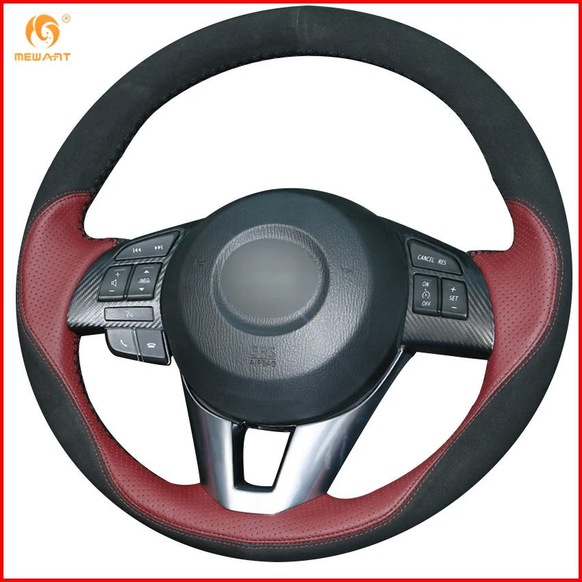 Mewant Wine Red Leather Black Suede Steering Wheel Cover For Mazda 3