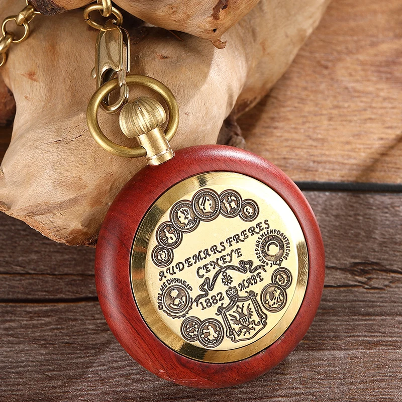 Wooden Mechanical Pocket Watch for Men Roman Numerals Red Sandalwood Wood Case Gold Back Engraved Fob Chain Clock Dropshipping