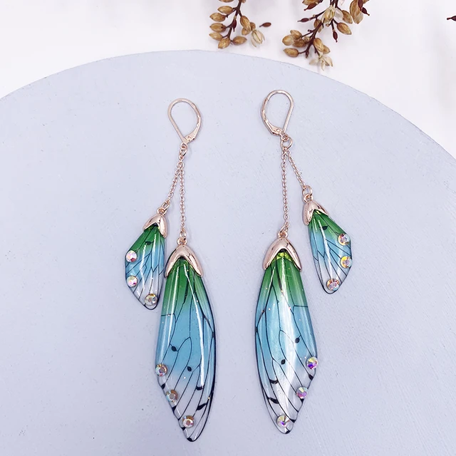 Fairy Resin Butterfly Earrings for Women Shining Crystal Flake Double Wing Long Drop Earrings Ladies Wedding Party Jewelry 2020 RoseGold-Green