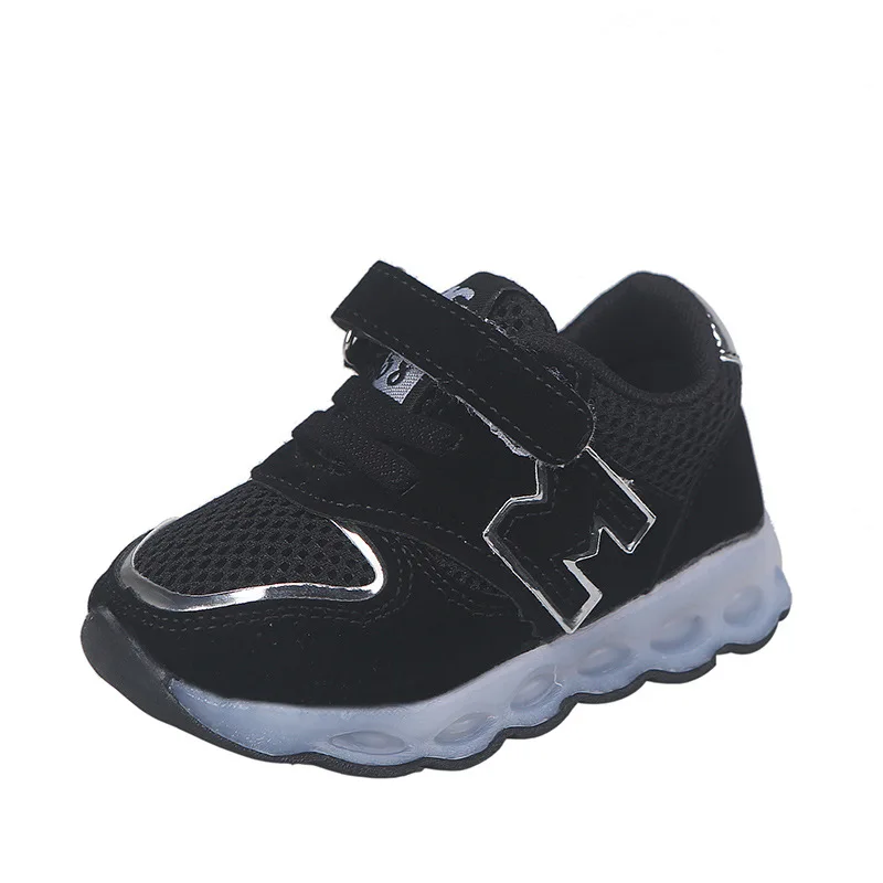 JUSTSL Spring Autumn New M Word LED Light-Up Child Shoes Boys Girls Fashion Sneakers Kids Net Toddler Toddler Shoes - Цвет: Черный