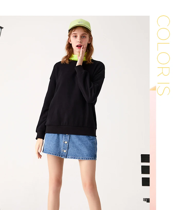 SEMIR толстовки женские плюс бархат осень и зима свободный синий сплошной цвет базовое пальто ленивый-ветер круглый вырез хлопок