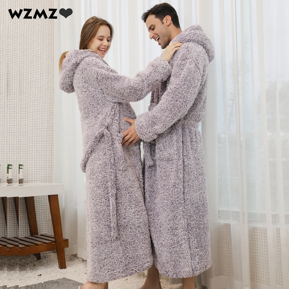 Winter Warm Flannel Buttons Bathrobe Female Hooded Loose Lengthen Thicken Solid Robes For Pregnant Woman Couples Night Dress 3XL | Женская
