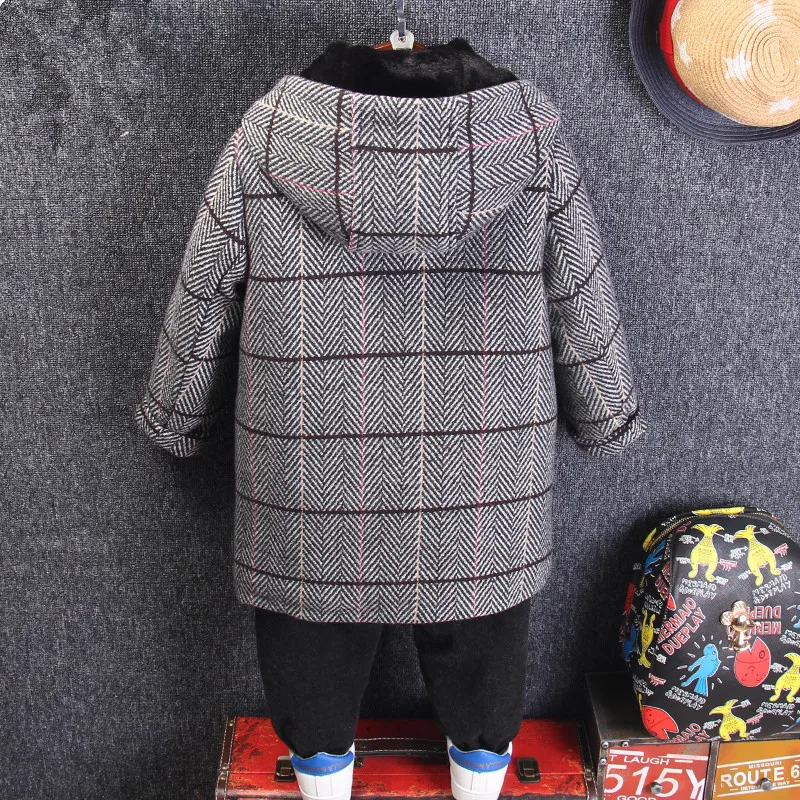 Hot Sale Children's Woolen Coat Fall Winter Boys Casual Plaid Woollen Coat Male Kids Cotton Padded Hooded Outerwear Clothes B412
