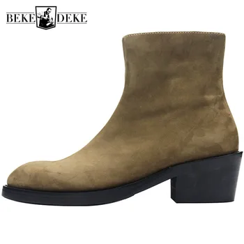

Brand Office High Heel Shoes Men Fashion 2020 Khaki Zipper Platform Chelsea Boots Pointed Toe Formal Ankle Boots Plus Size 45
