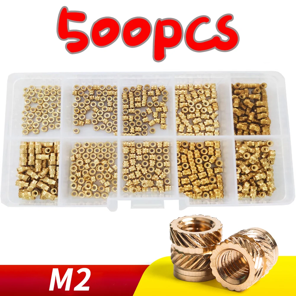 M2 500PCS Brass Hot Melt Inset Nuts Assortment Kit Thread Copper Knurled Threaded Insert Embedment Nuts Set