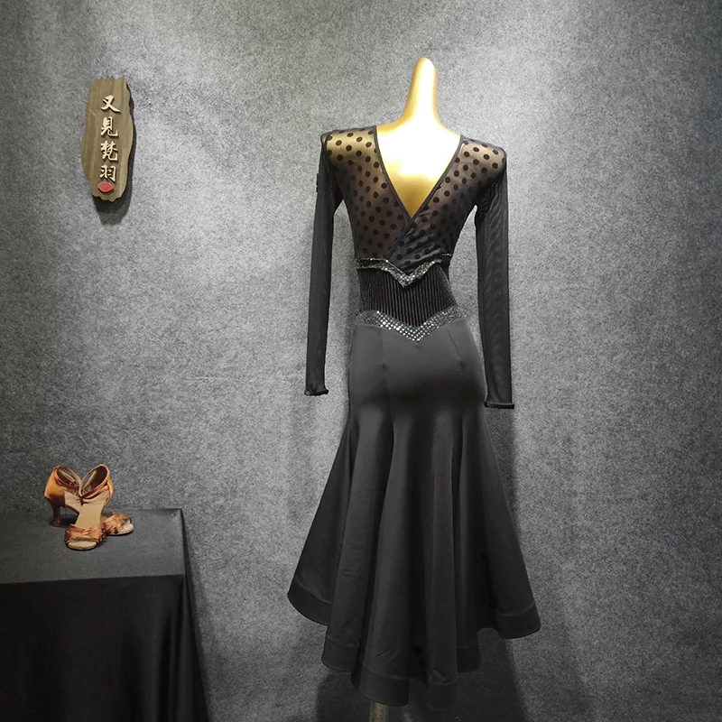 Black ballroom dance competition dress for dancing ballroom dress standard dance dress waltz dress fringe dance wear dot dress