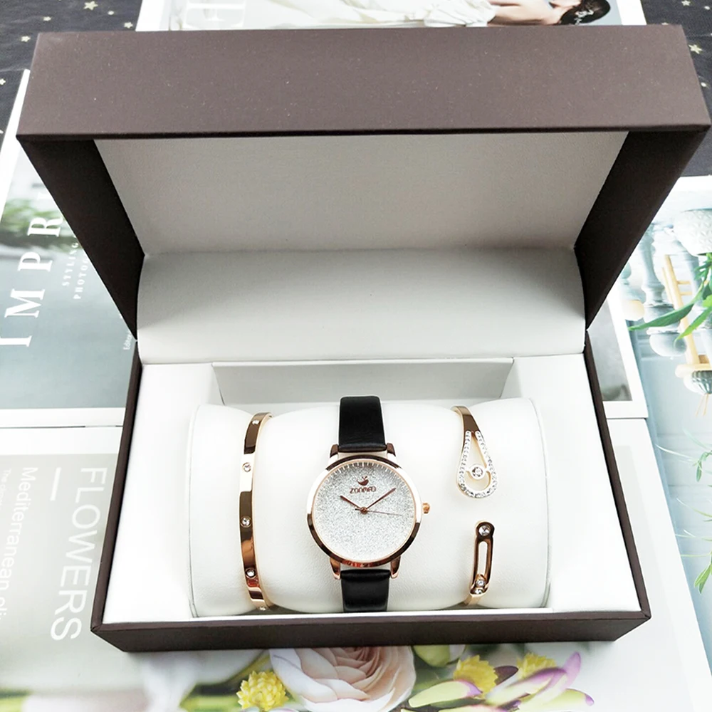 

3Pcs Genuine Leather Watches Women Luxury Top Brand ZONMFEI Women Clock Blue Simple Watch Bangle Gift Box Sets Relogio Feminino