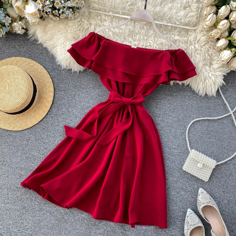 SINGRAIN Summer Women Off Shoulder Dress Bohemian Romantic Ruffle Sundress Party Holiday A-Line Retro Solid Chiffon Beach Dress