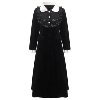 

EXCELLENT QUALITY Newest 2020 Fall Winter Designer Women dress Peter pan Collar Long Sleeve Sequined vintage Velvet dress