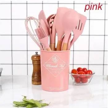 

11PCS Silicone Cooking Utensils Set Non-stick Spatula Shovel Wooden Handle Cooking Tools Set With Storage Box Kitchen Tools