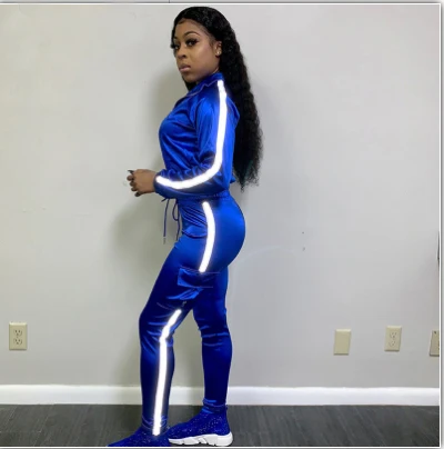 

YICIYA Simenual Neon Reflective Lines Matching Sets Women Casual Active Wear Satin Zipper Fashion Jacket And Pants Set