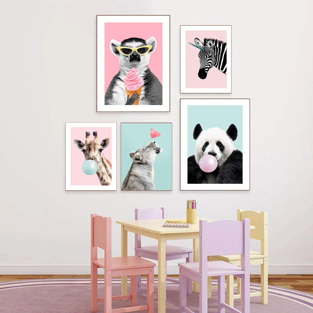 Baby-Nursery-Wall-Art-Cute-Cartoon-Animal-Pictures-Bubblegum-Giraffe-Panda-Posters-Zeabra-Canvas-Painting-For