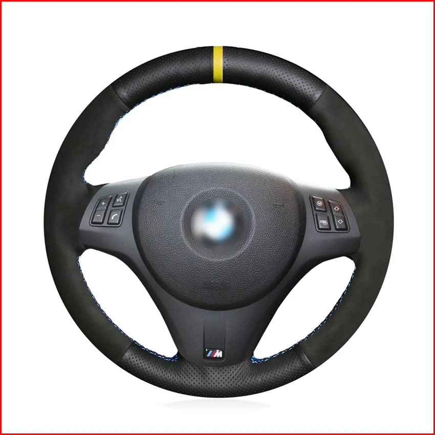 Mewant Black Genuine Leather Suede Car Steering Wheel Cover For Bmw M