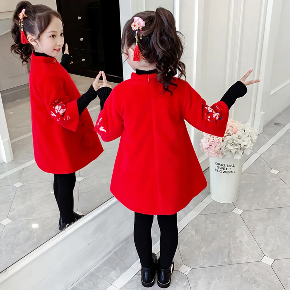 Girls Coat Red Woolen Coat For Girls Flower Embroidery Children's Outerwear Elegant Winter Chinese Clothes For Girls New Year