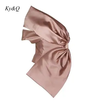 

Runway Fashion 2020 Summer Luxury Blique Shoulder Fold Silky Shirt Women Elegant Bow Zipper Blouse Women Party Chic Clothes
