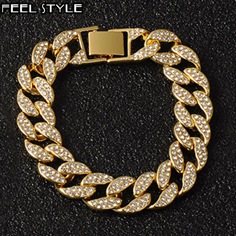Bling Iced Out мужской браслет полностью Стразы проложить золотой цвет Miami кубинская