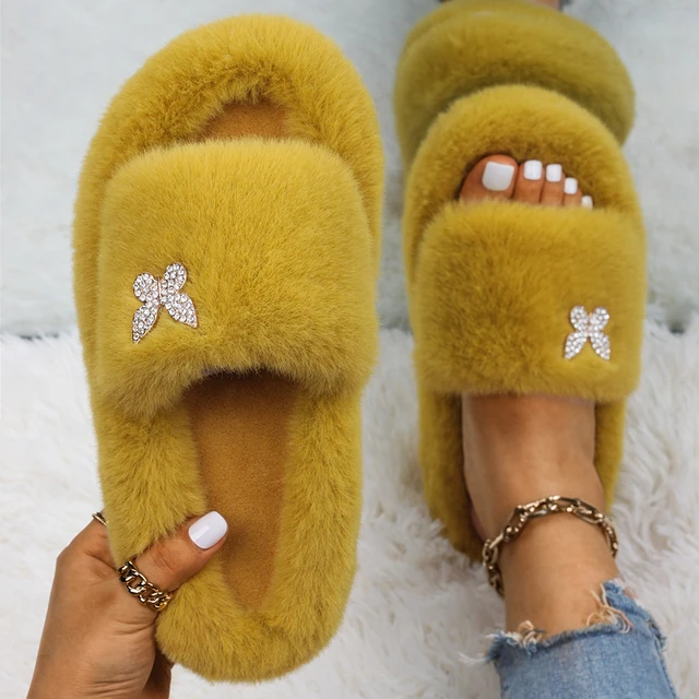 Fluffy Slippers Women Crystal Flower Decor Furry Sandals Elegant Ladies Home Flip Flops Faux Fur Slides Luxury Designer Shoes Yellow7