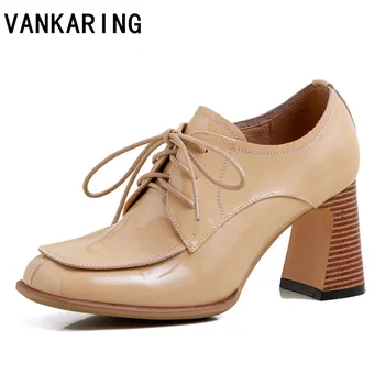 

new brand patent leather women high heel shoes pumps girls square toe platform fashion lace-up shoes woman dress party work shoe