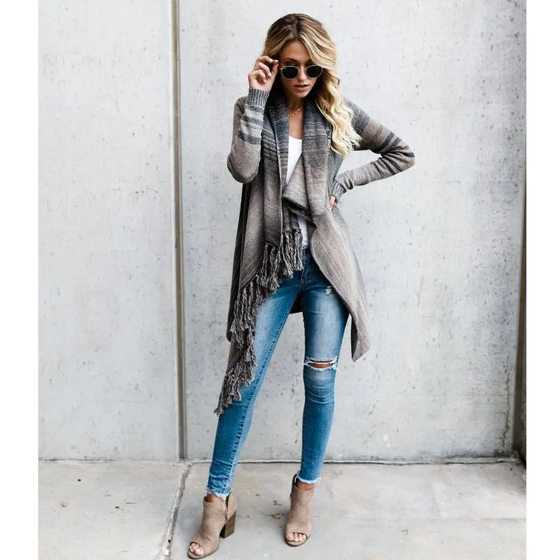 

Sueter Mujer Invierno 2019 Pull Femme European American Swetry Damskie Cardigan Women Fringed Stripe Shawl Pull Sweater Women
