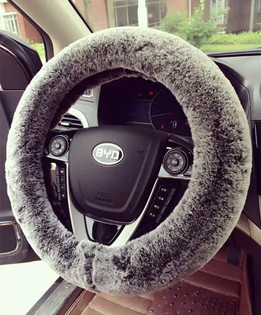 Hot sales Imitation Rex Rabbit Fur Car Steering Wheel Covers Winter Warm Soft Plush Auto Interior Accessories 15 inch 38CM - Название цвета: Black