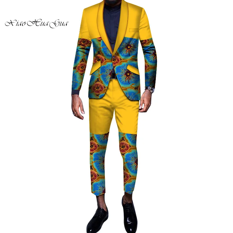 

Custom 2 Pieces Pants Sets Mens African Clothing Bazin Riche African Wax Print Top Suits and Pants Sets Ankara Clothes WYN606