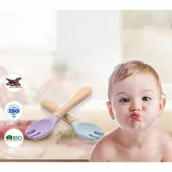 Для силикагель безопасная посуда для детей ясельного возраста с деревянной ручкой вилка Дети Твердые Цвет кормления инструмент для