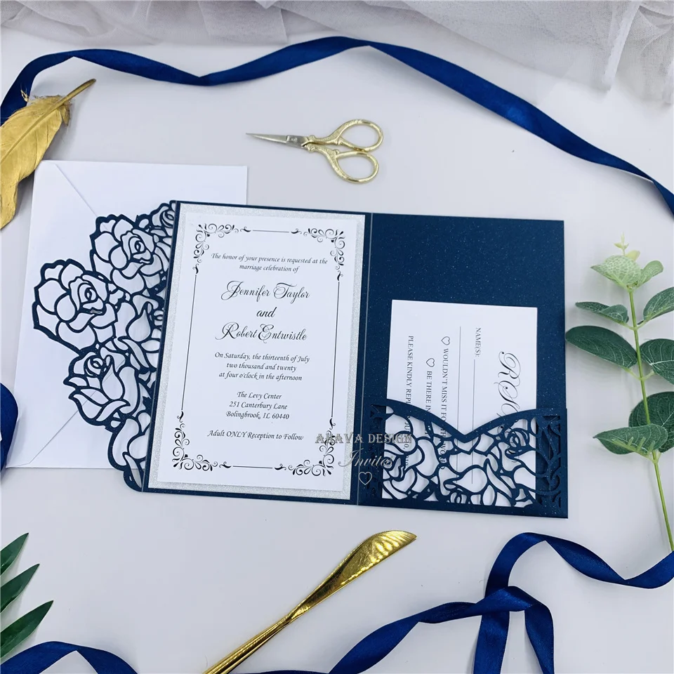 Elegant Modern Navy Laser Cut Pocket Wedding Invitation Suite With Glitter Silver Tag RSVP card And Envelope | Дом и сад