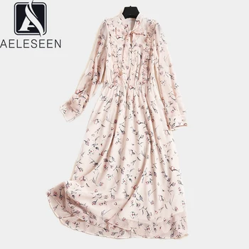 

AELESEEN Spring Runway Fashion Dress 2020 Women's Boho Long Sleeve Floral Print Bow Collar Waist Elastic Midi Elegant Party Dres