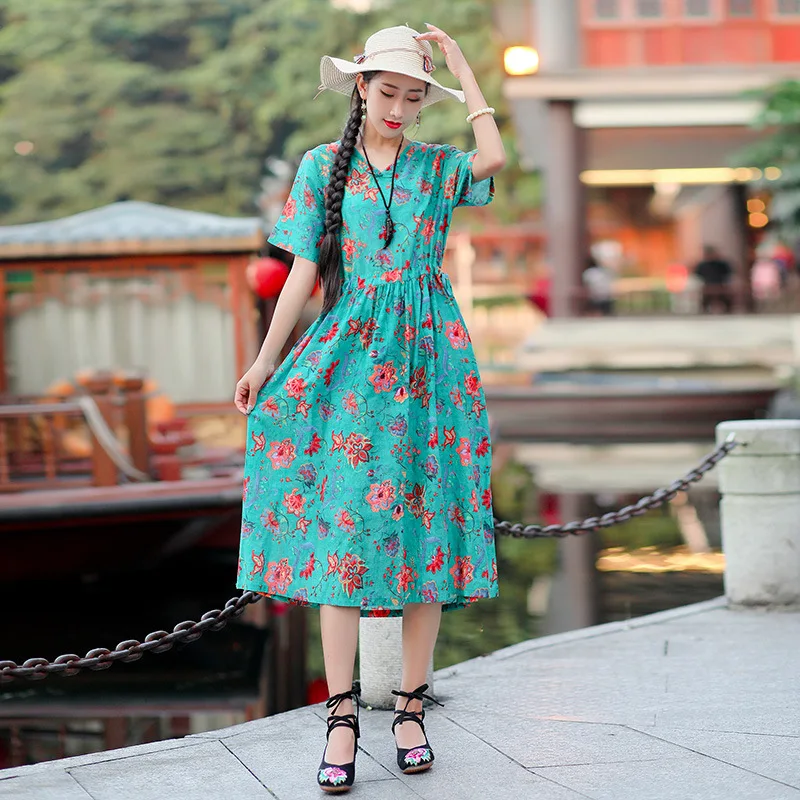 

Cotton Linen Short-sleeve Dress Women's Mid-length Literature And Art Retro Frog Ethnic-Style Printed Skirt 2019 Summer New Styl