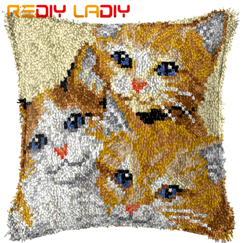 Latch Hook Cushion Three Kittens Pillow Case Pre Printed Color Canvas