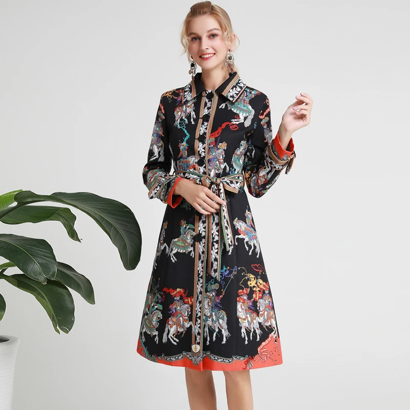 

Red RoosaRosee Designer Women Fashion Autumn Spring Outwear Vintage Print Turn-down Collar Long Sleeve New Lady Trench Overcoat