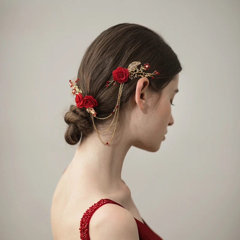 

O388 Fashion Imitation Crystal Pearl Symmetrical Chained Hair Comb Hair Clips Girl Cute Pearl Headpiece With Red Cloth Flowers