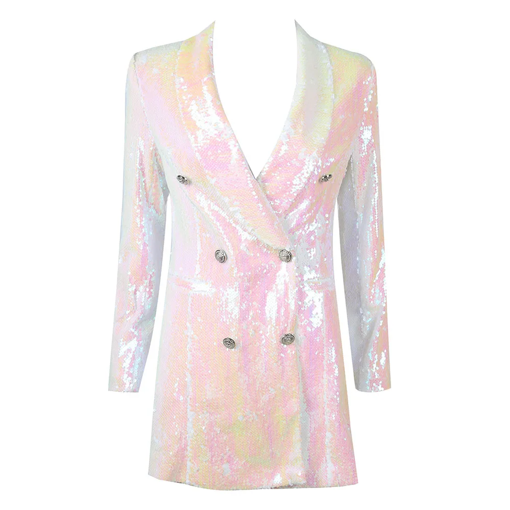 

New Women Sequin Jacket Long sleeve Elegant Suit Coat Night Club Glitter Shiny Punk Outwear Double Row Buckle