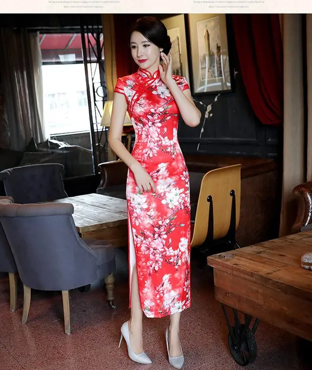 Весна лето стиль натуральный шелк Cheongsam ретро Мода длинное платье для женщин