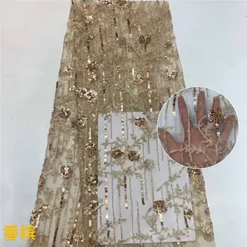 

Gold High Quality African Sequins Lace Fabric French Net Embroidery Tulle Lace Fabric For Nigerian Wedding Party Dress