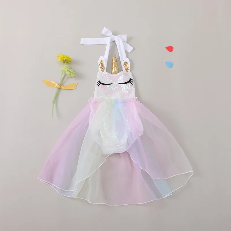 

Colorful Net Yarn Colorful Sequin Unicorn One-piece Triangle Romper 0-2 Years