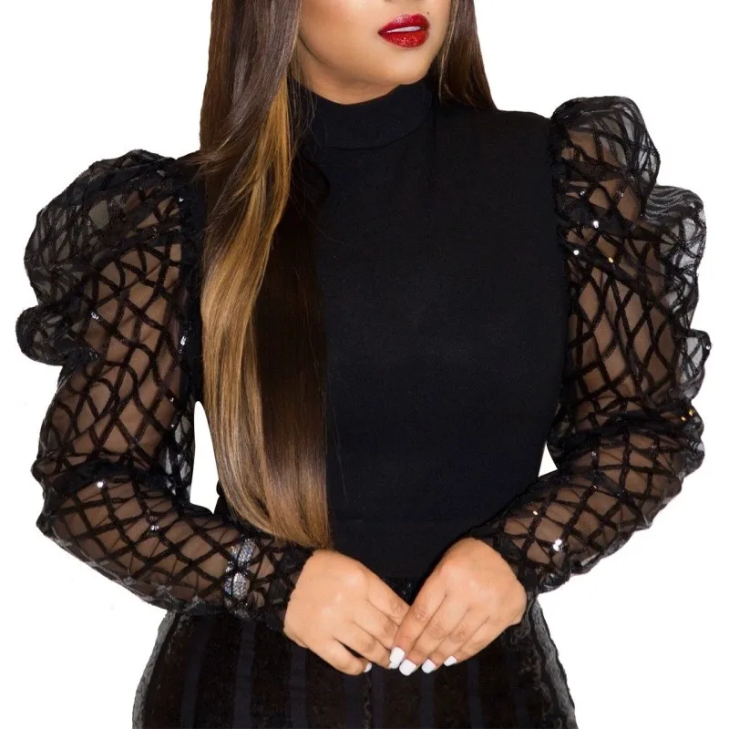 

2020 New Puff Sleeve Blouse Shirt Long Sleeve Spring Blouse Tops Mesh Hollow Out Blouse